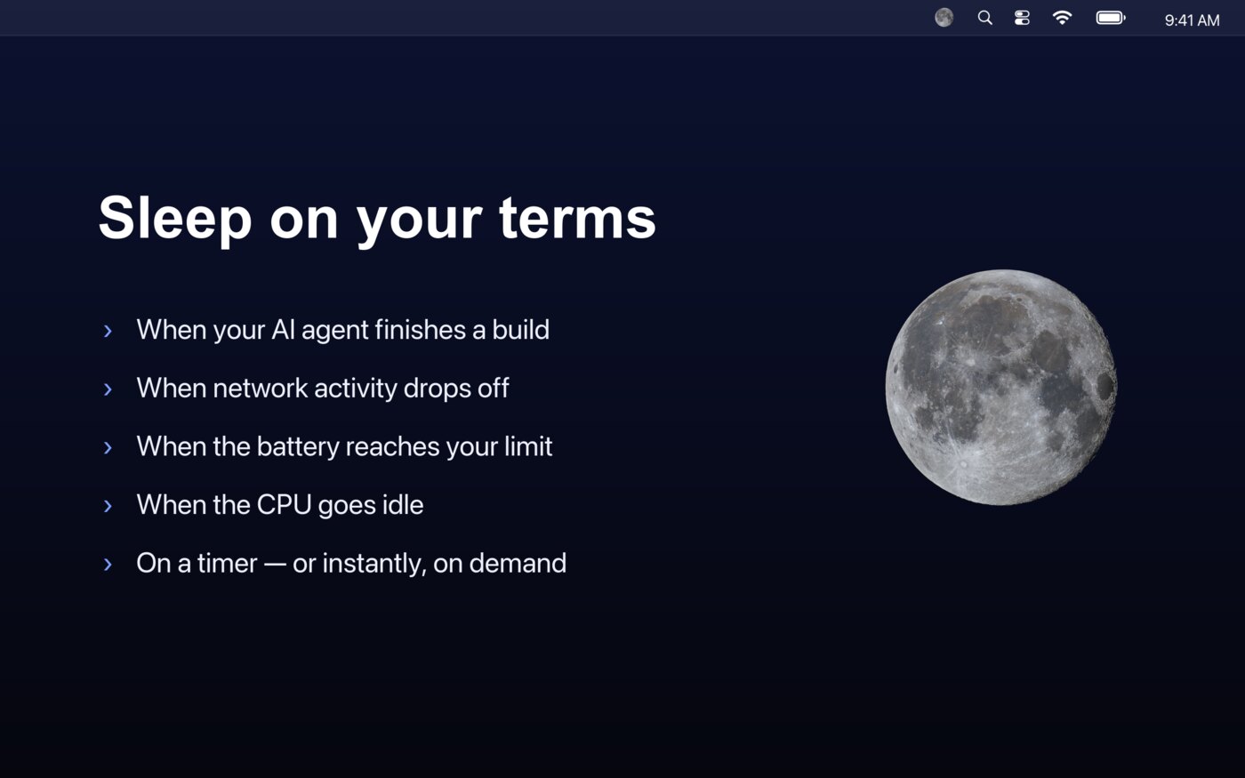 Dozeless menu bar showing keep-awake timers and trigger options on a dark macOS desktop.